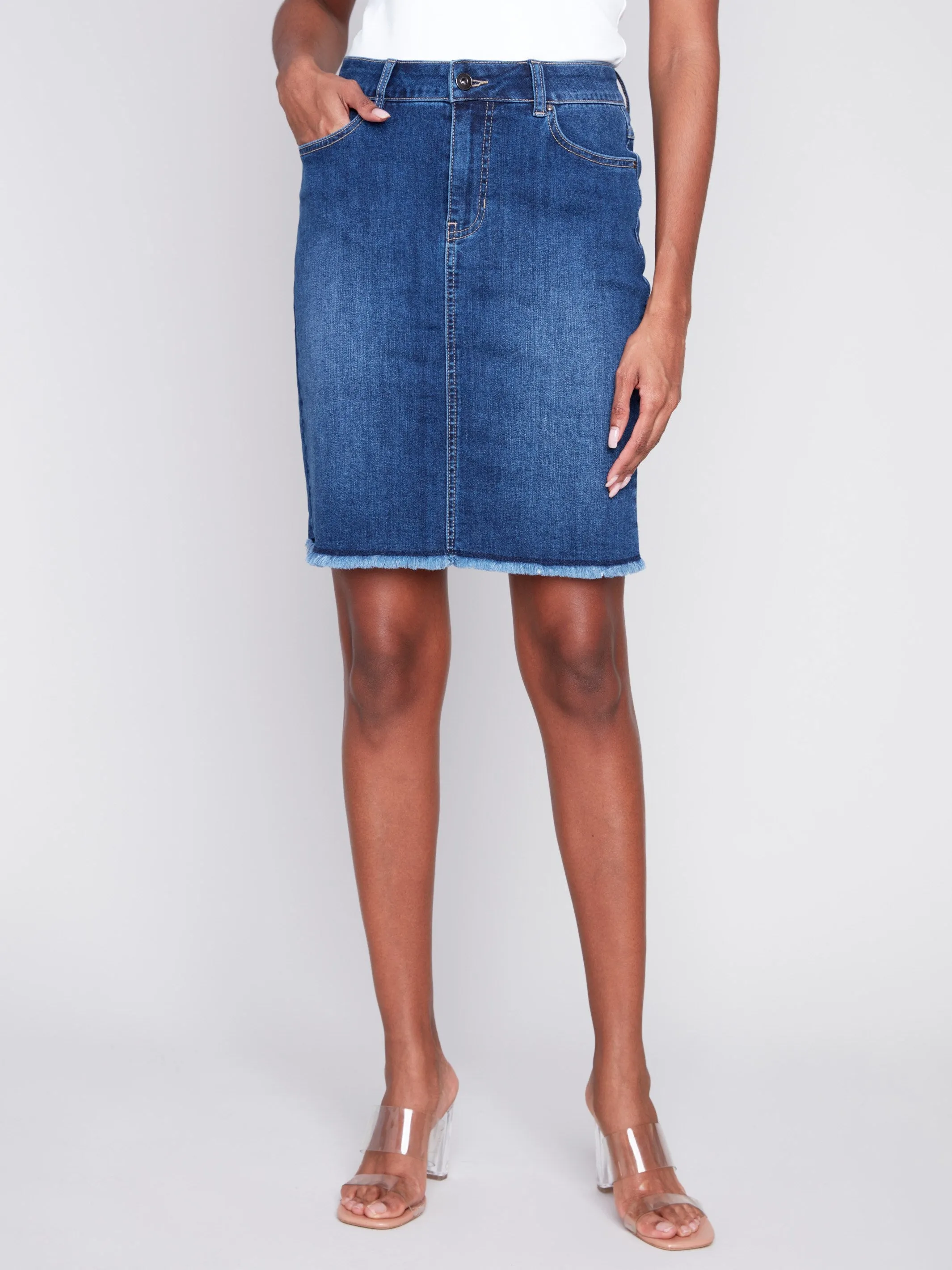 Stretch Denim Skort with Frayed Hem - Indigo