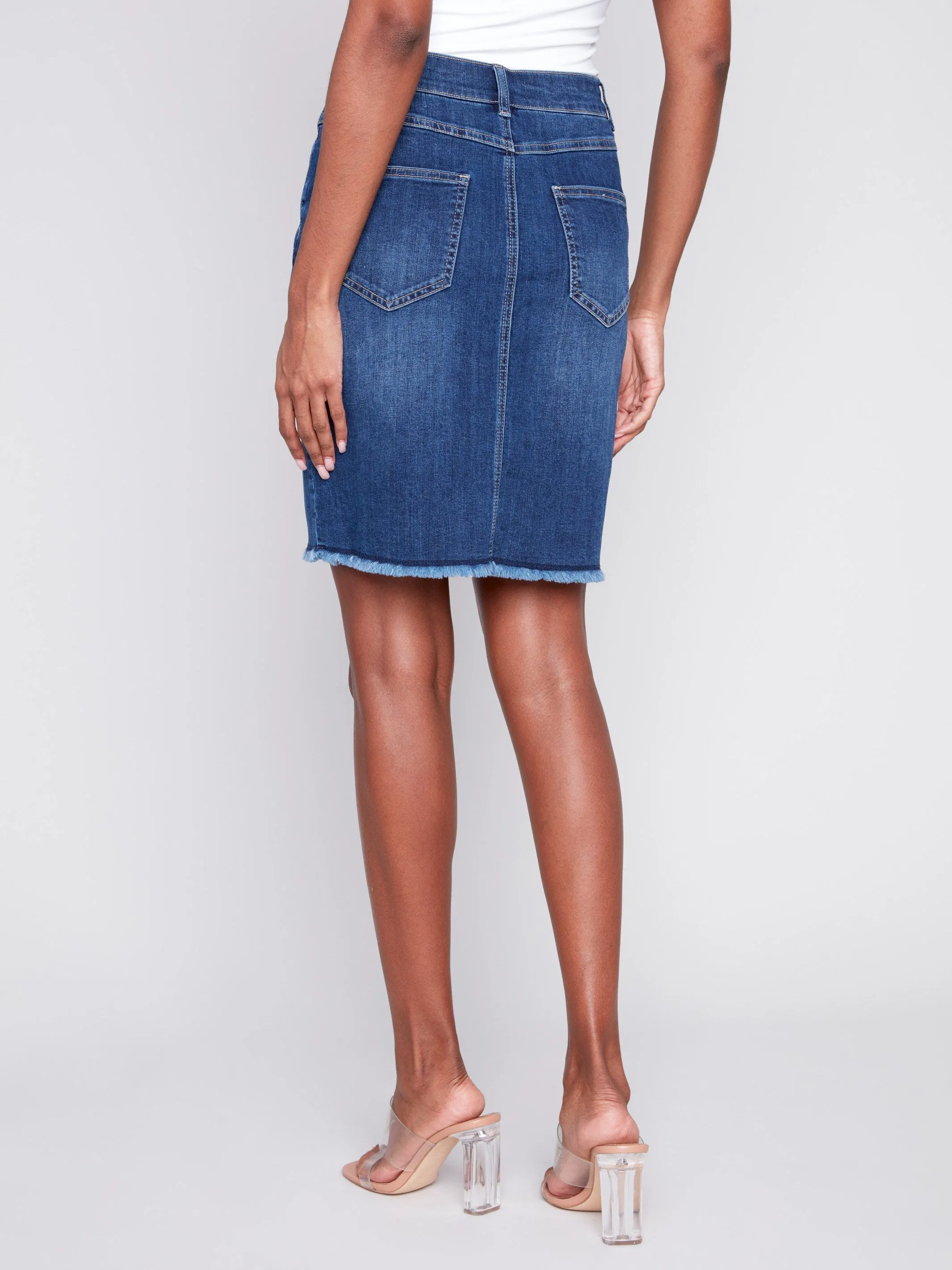 Stretch Denim Skort with Frayed Hem - Indigo