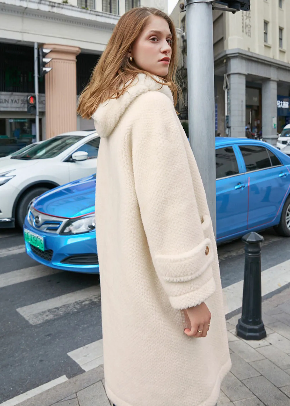 Toggle Front Hooded High Pile Wool Fleece Coat