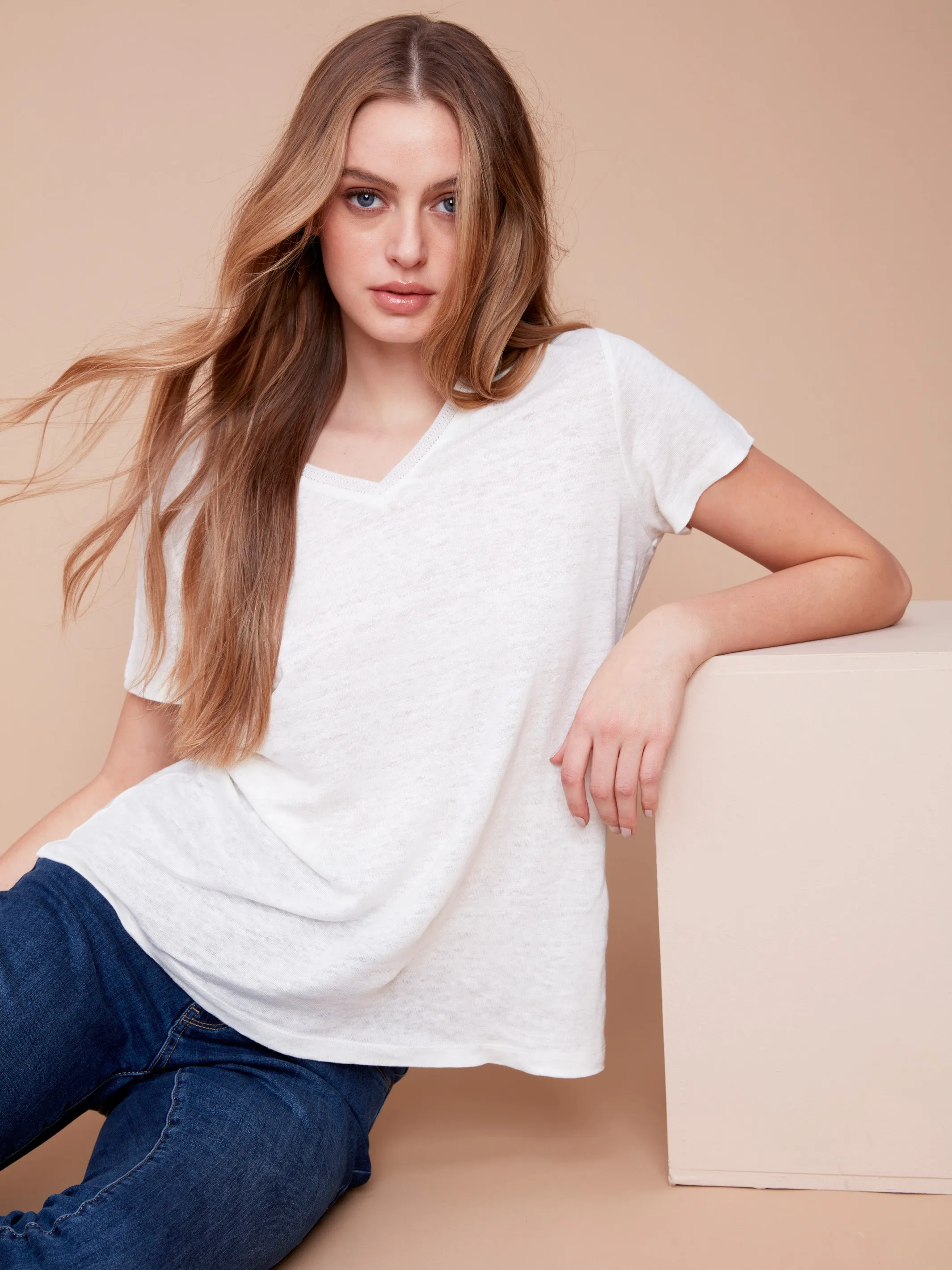 V-Neck Linen T-Shirt - Natural