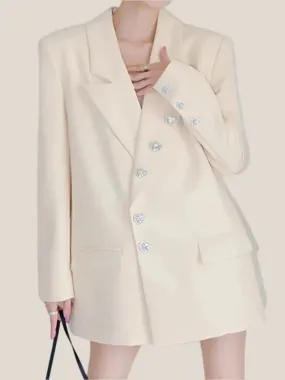 Wenkouban-Winter outfits Christmas Black Friday Beige Rhinestone Heart Button Suit Jacket