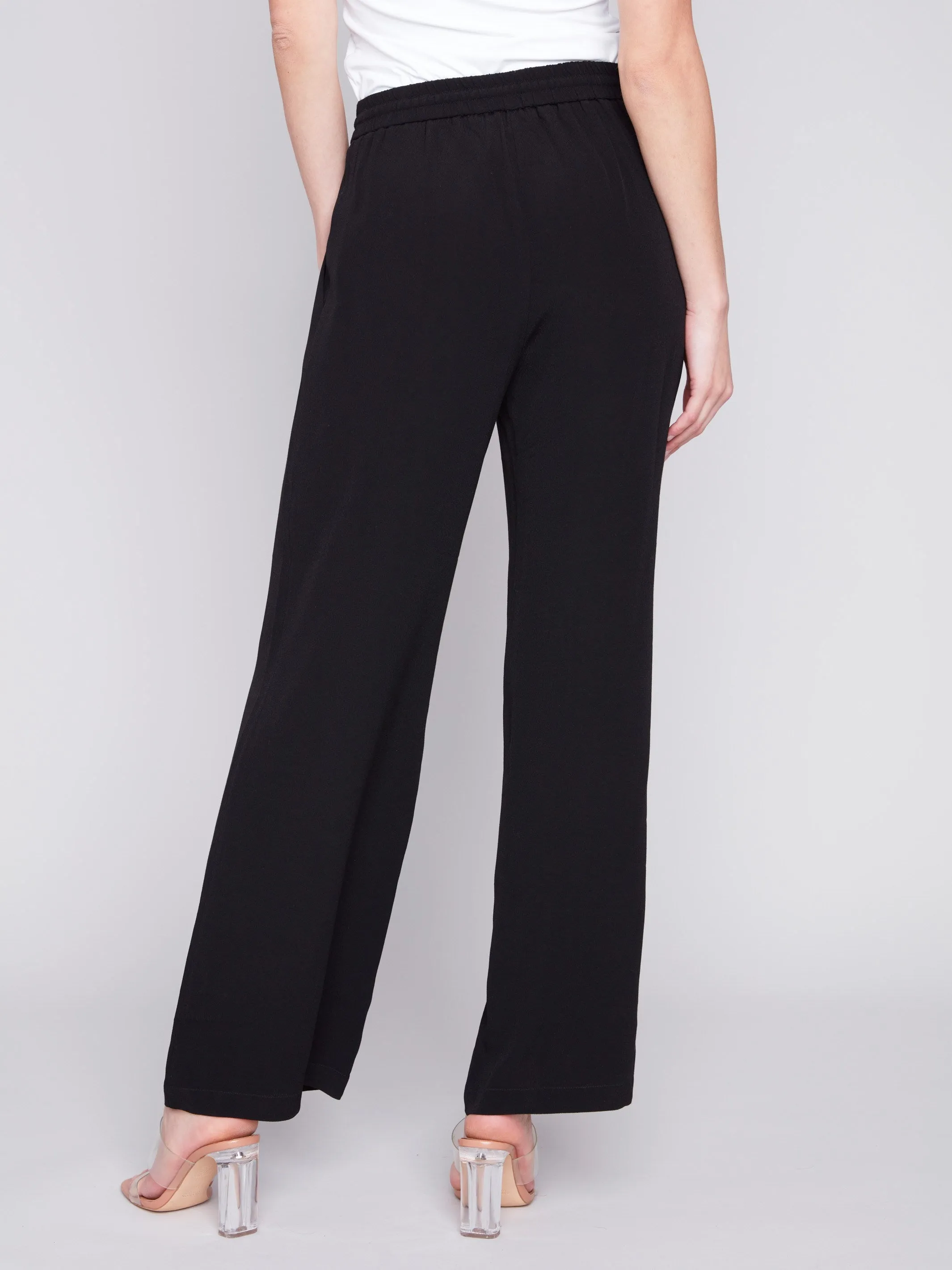 Wide Leg Pants with Drawstring - Black