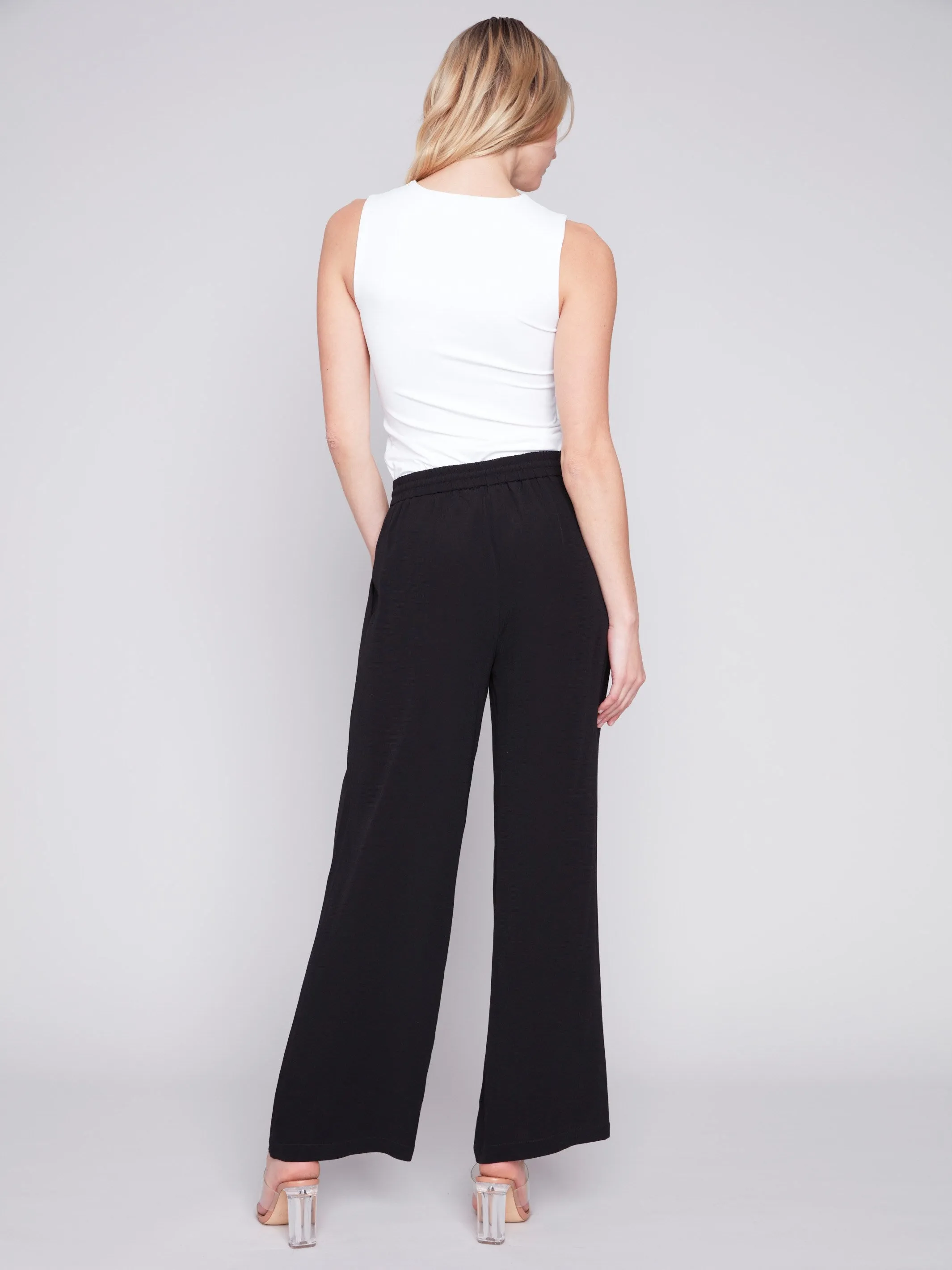 Wide Leg Pants with Drawstring - Black