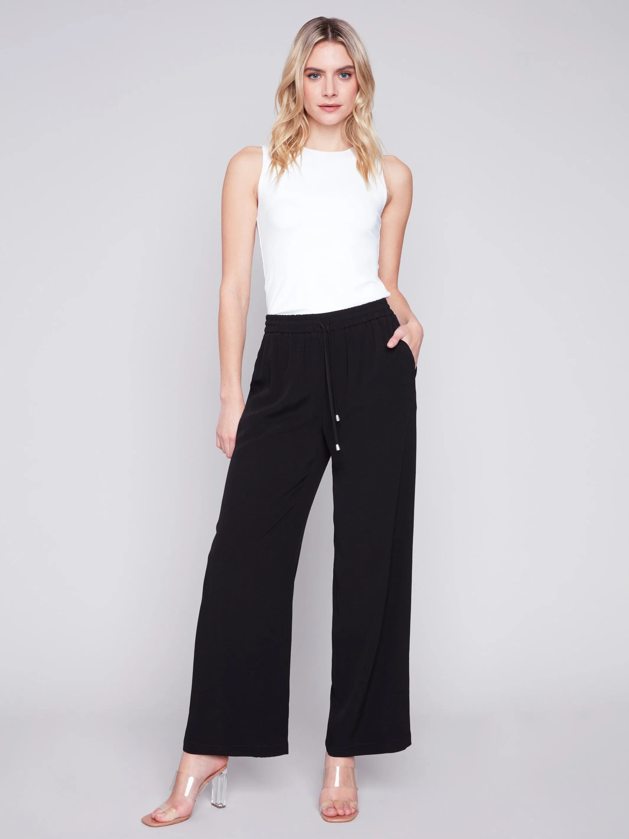 Wide Leg Pants with Drawstring - Black