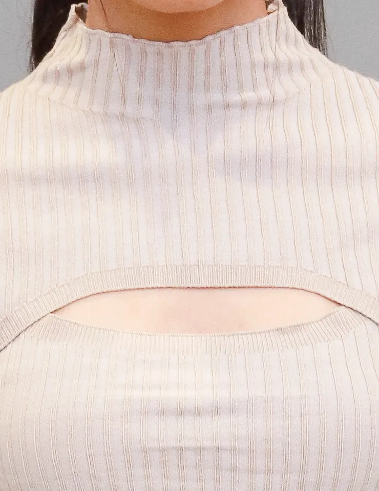 Women Beige Cut Out Turtleneck Crop