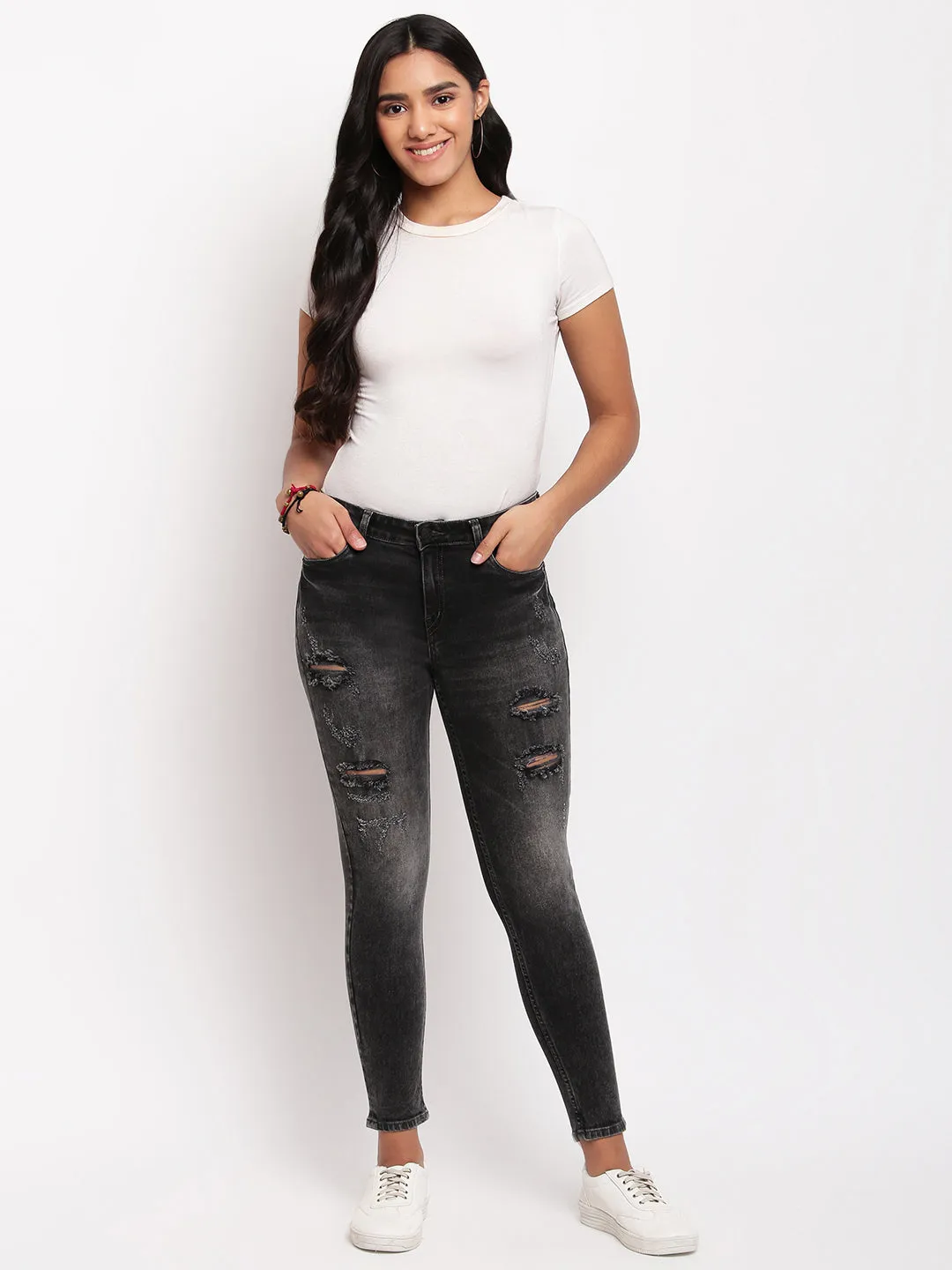 Women Black Mid Waist Skinny Fit Distressed Denim Jeans