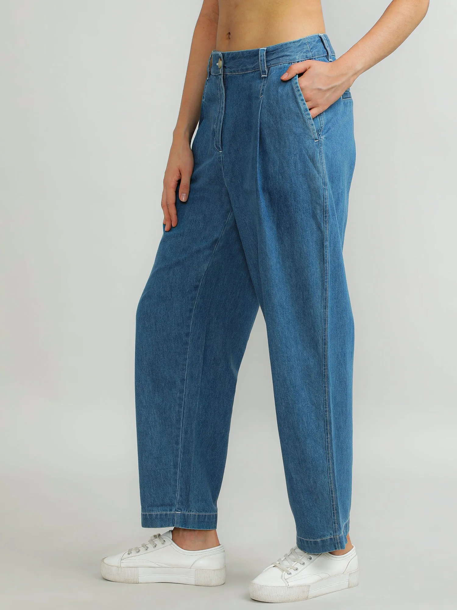 Women Cotton Blue Classic Pants