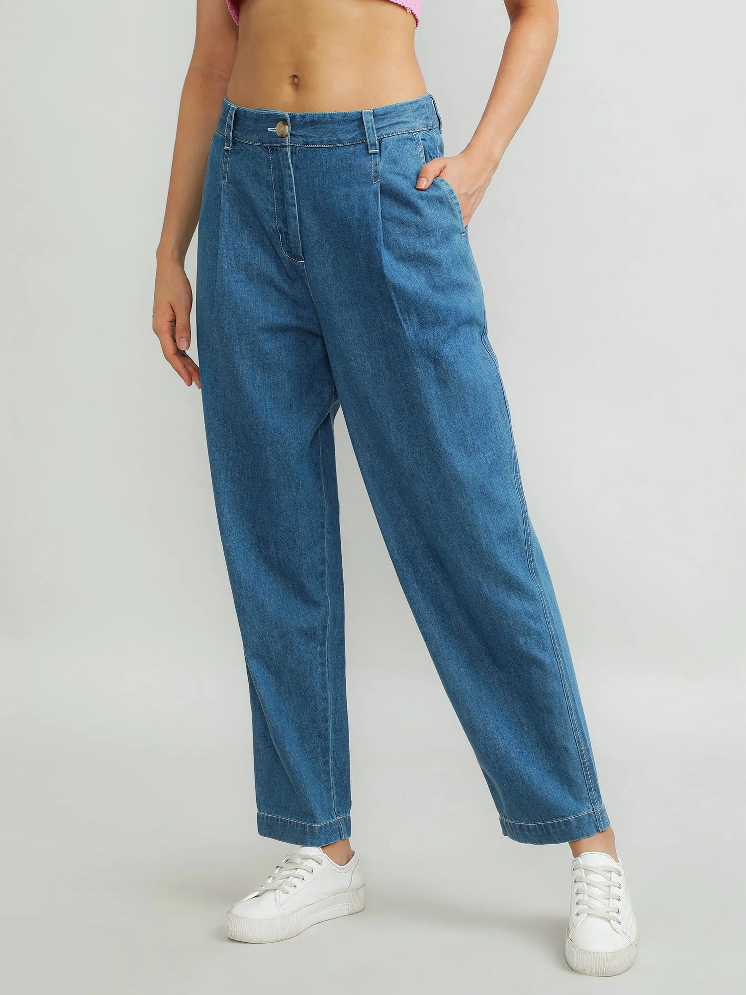 Women Cotton Blue Classic Pants