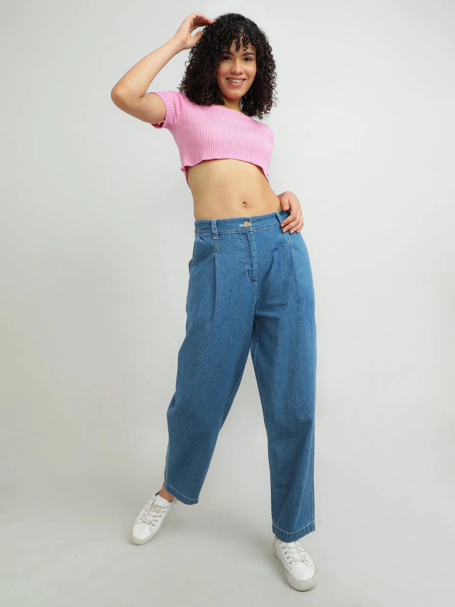 Women Cotton Blue Classic Pants