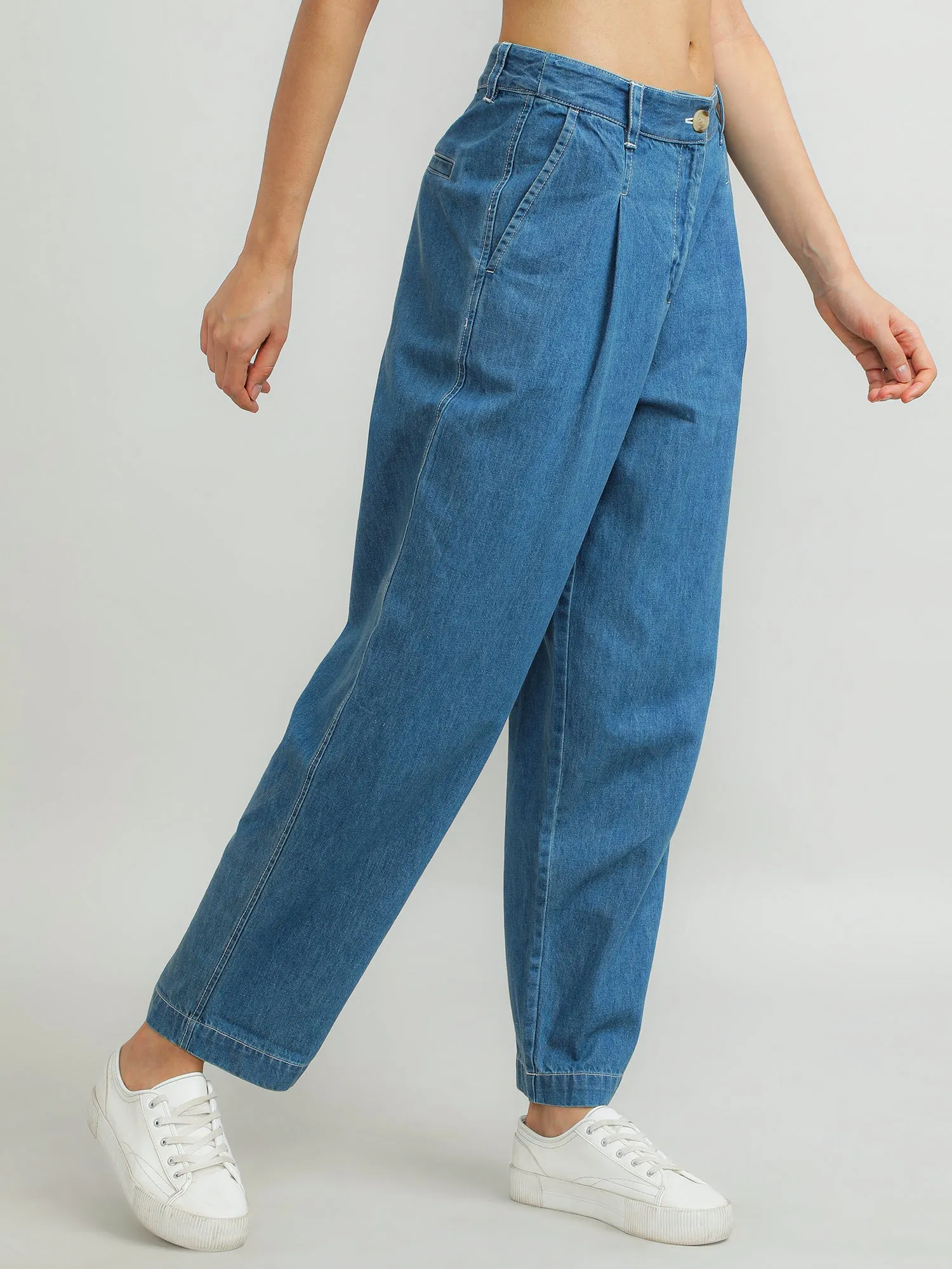 Women Cotton Blue Classic Pants