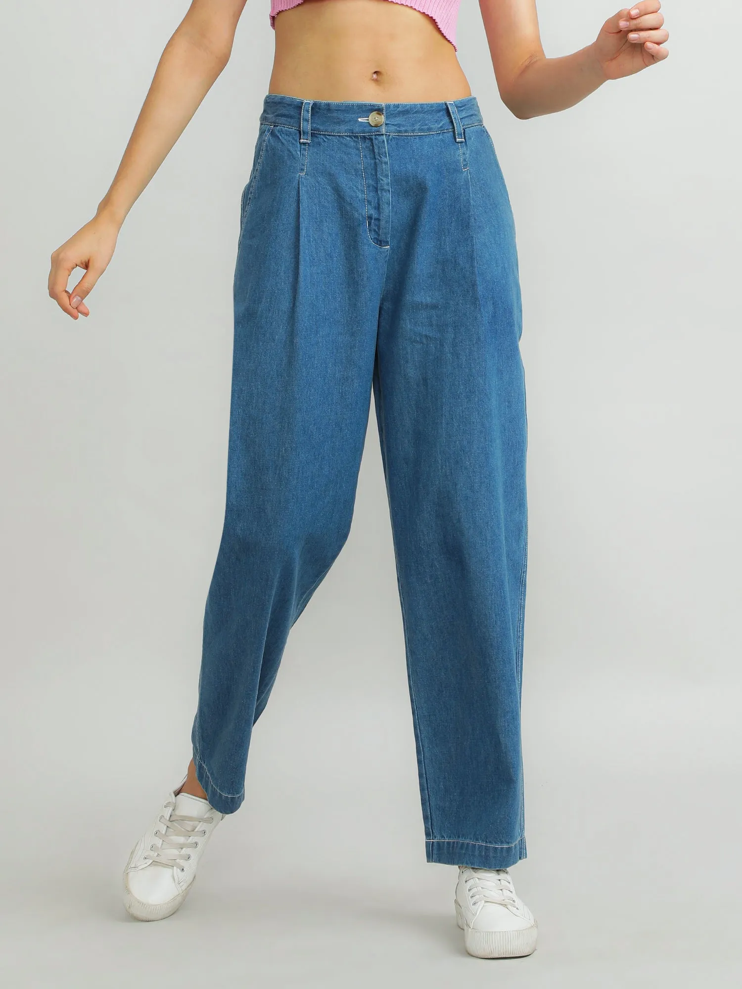 Women Cotton Blue Classic Pants