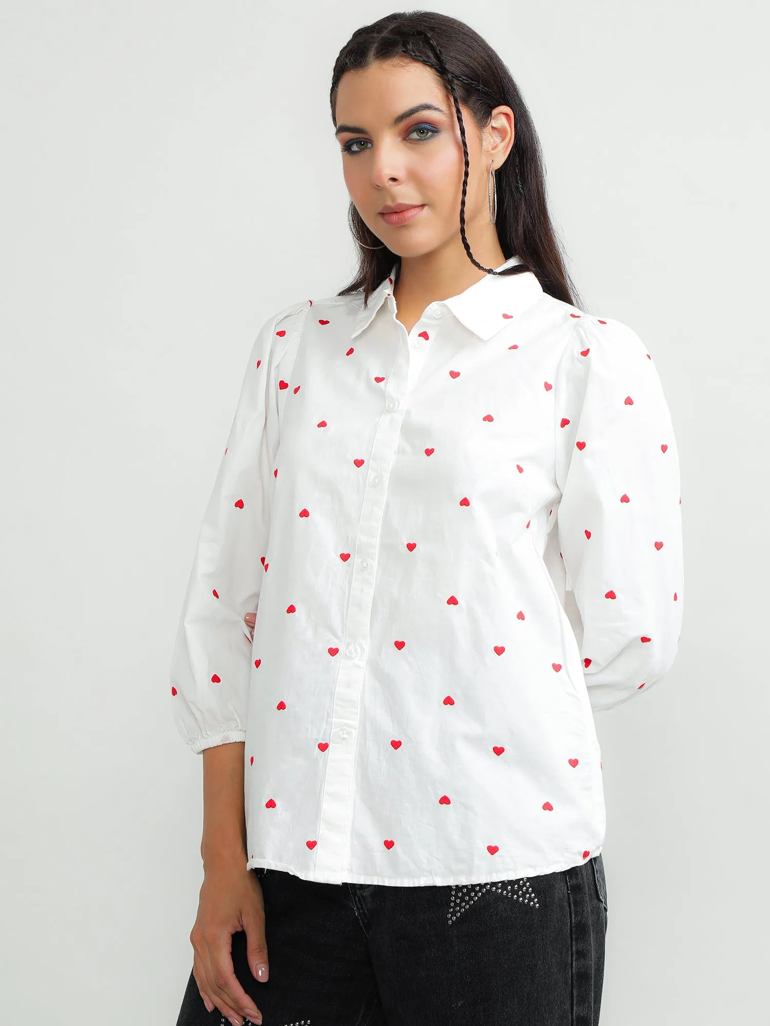 Women Cotton Printed White Top