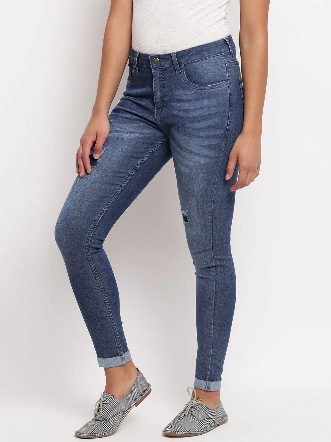 Women Dark Blue Skinny Fit Distressed Denim Jeans