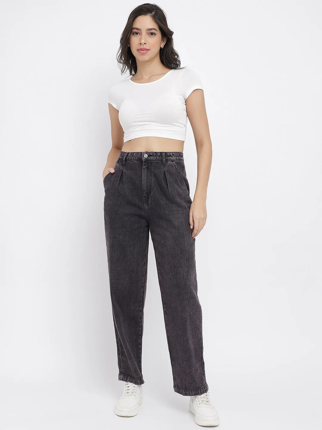 Women Grey Wide Leg Denim Solid Jeans