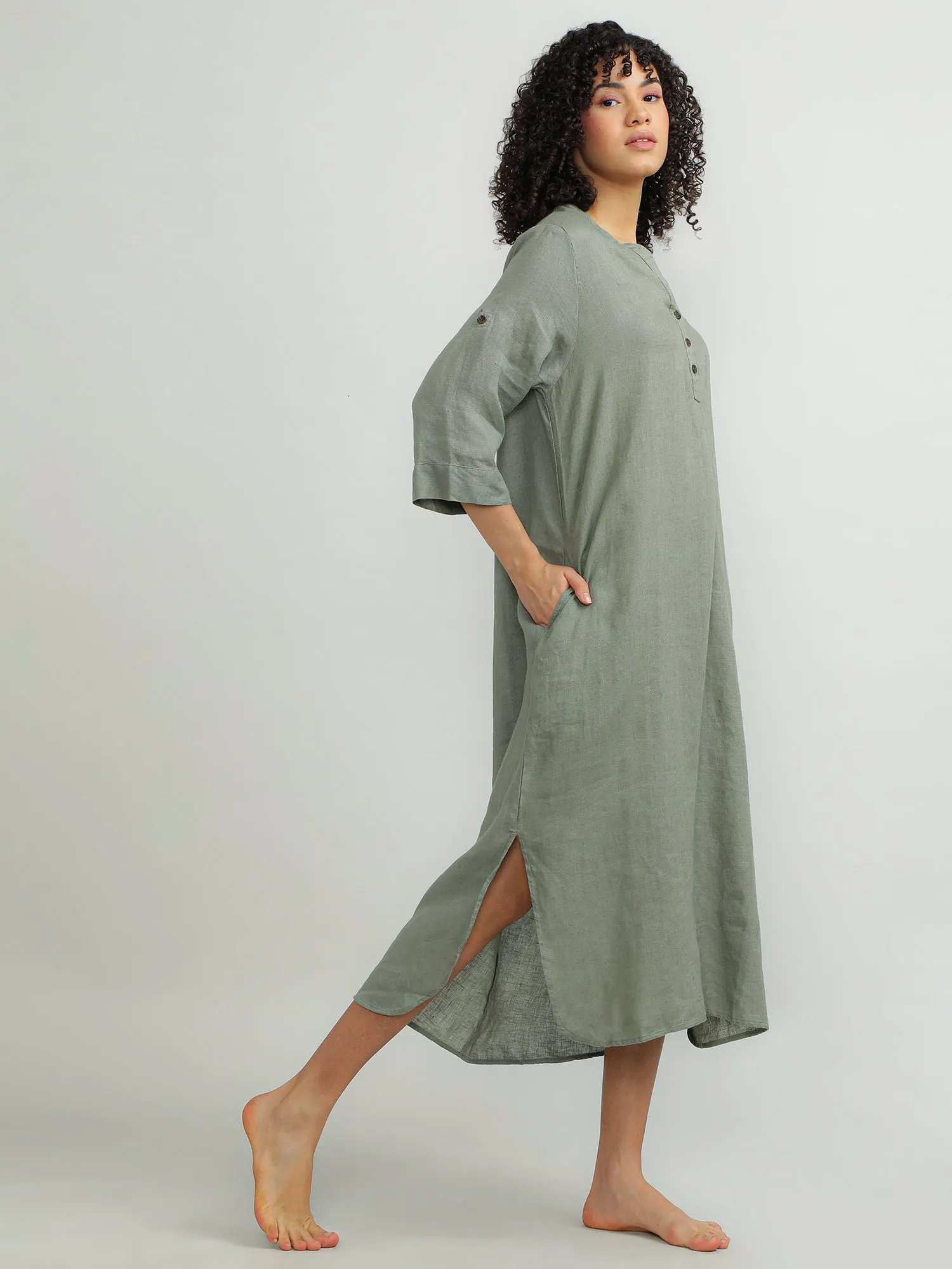 Women Linen Green Breezy Dress