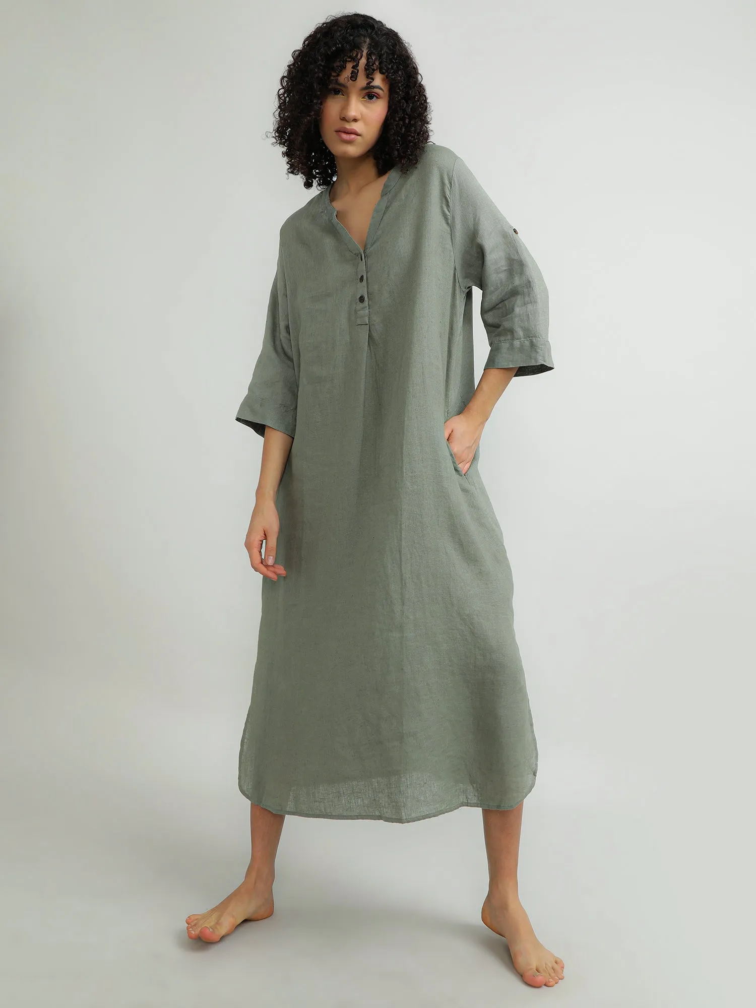 Women Linen Green Breezy Dress