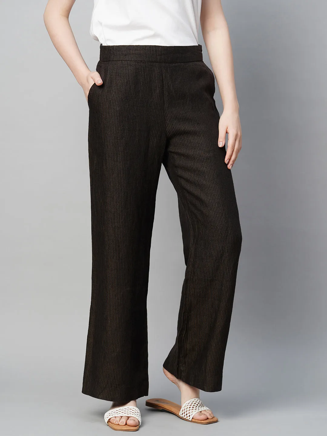 Women's Brown Linen Straight Fit Pant