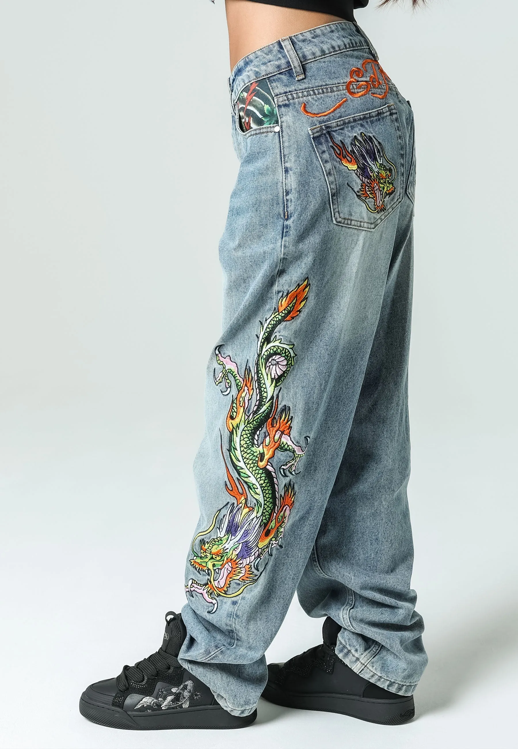 Womens Crawling Dragon Relaxed Fit Denim Trousers Jeans - Bleach