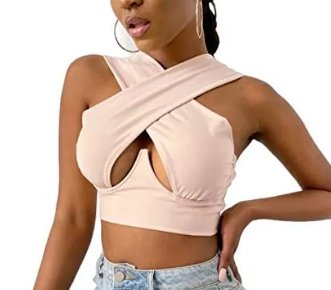 Womens Criss Cross Tank Tops Sexy Sleeveless Solid Color Cutout Front Crop Tops Party Club Streetwear Summer Lady Bustier Tops