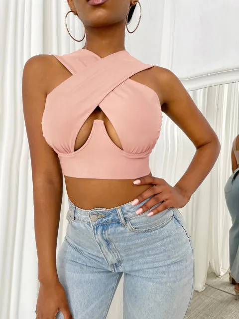 Womens Criss Cross Tank Tops Sexy Sleeveless Solid Color Cutout Front Crop Tops Party Club Streetwear Summer Lady Bustier Tops