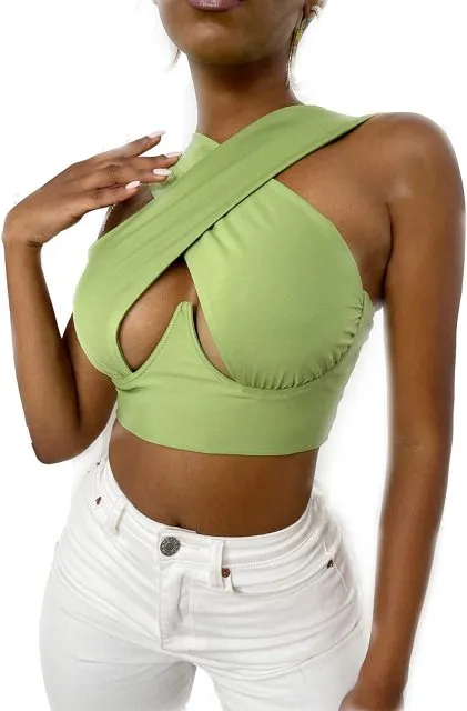 Womens Criss Cross Tank Tops Sexy Sleeveless Solid Color Cutout Front Crop Tops Party Club Streetwear Summer Lady Bustier Tops