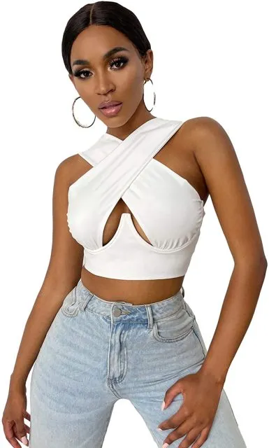 Womens Criss Cross Tank Tops Sexy Sleeveless Solid Color Cutout Front Crop Tops Party Club Streetwear Summer Lady Bustier Tops