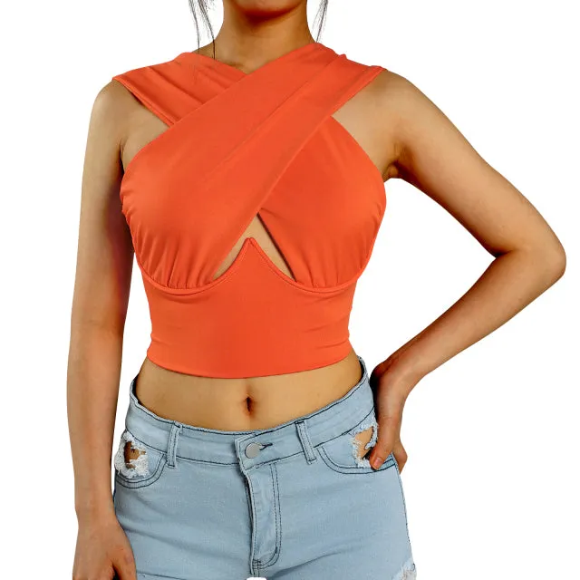 Womens Criss Cross Tank Tops Sexy Sleeveless Solid Color Cutout Front Crop Tops Party Club Streetwear Summer Lady Bustier Tops