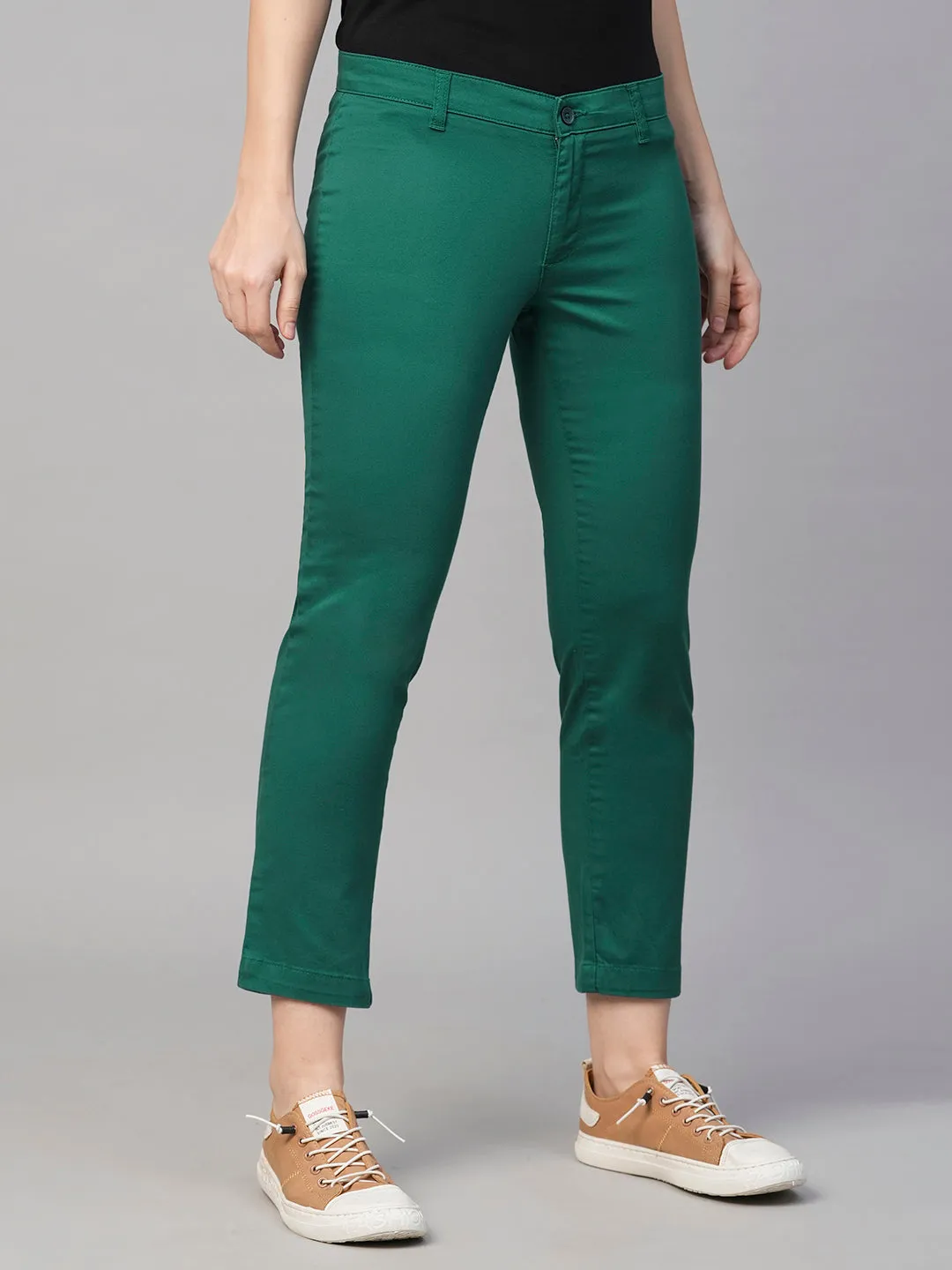 Women's Green Cotton Lycra Regular Fit Pant