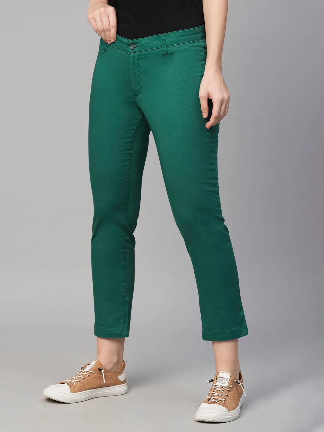 Women's Green Cotton Lycra Regular Fit Pant