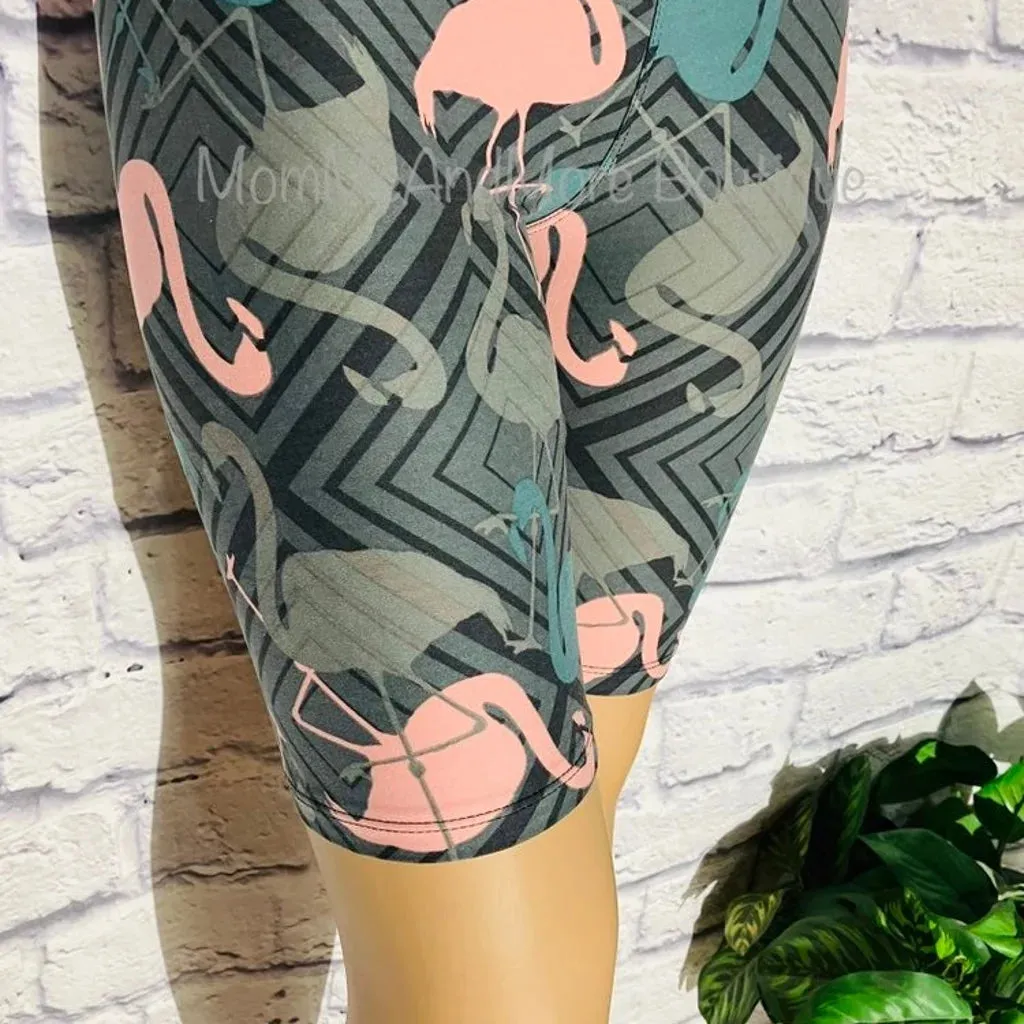 Womens Pink Flamingo Biker Shorts, Long Bermuda Shorts, Sizes 1xl/2xl/3xl, Gray/Pink