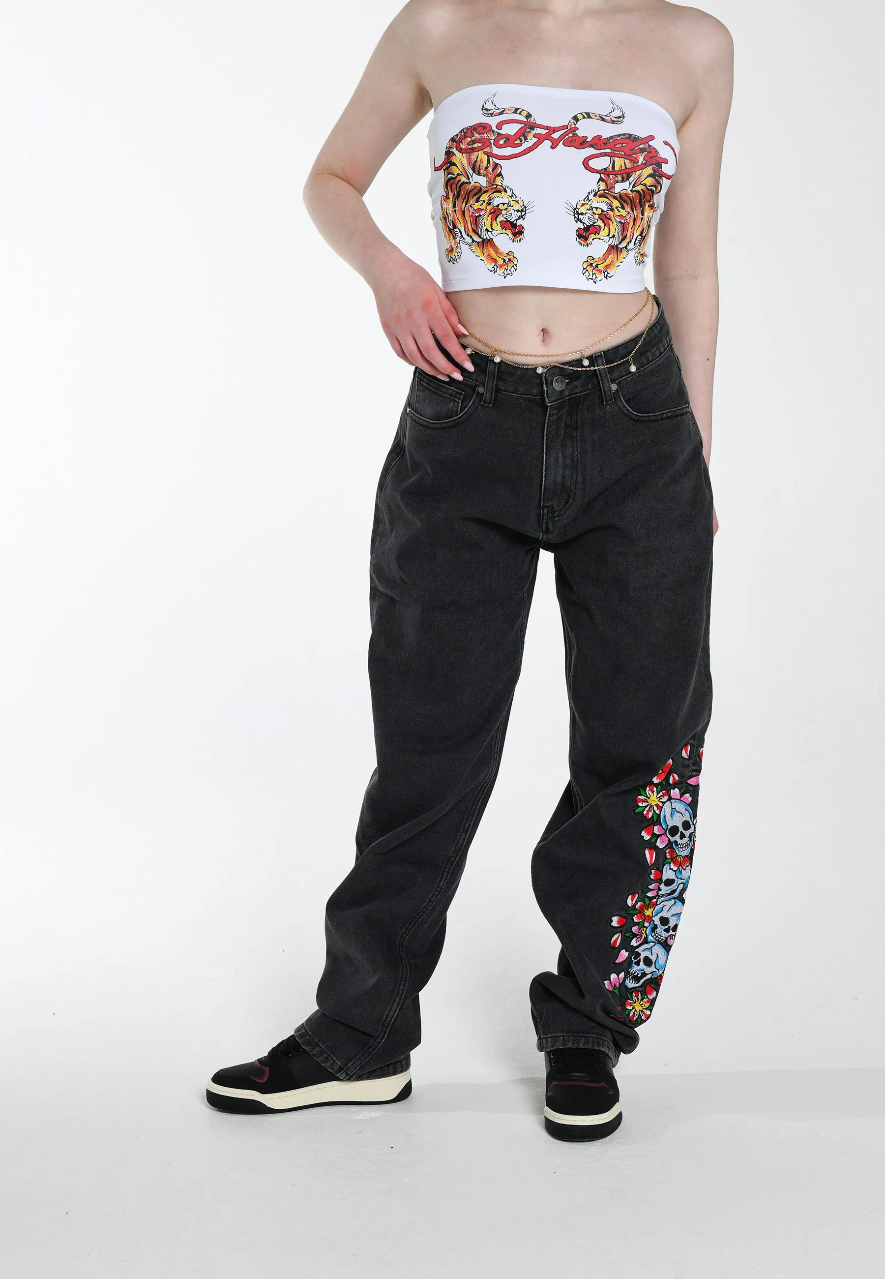 Womens Skull-Flower-Baggy Jeans - Black