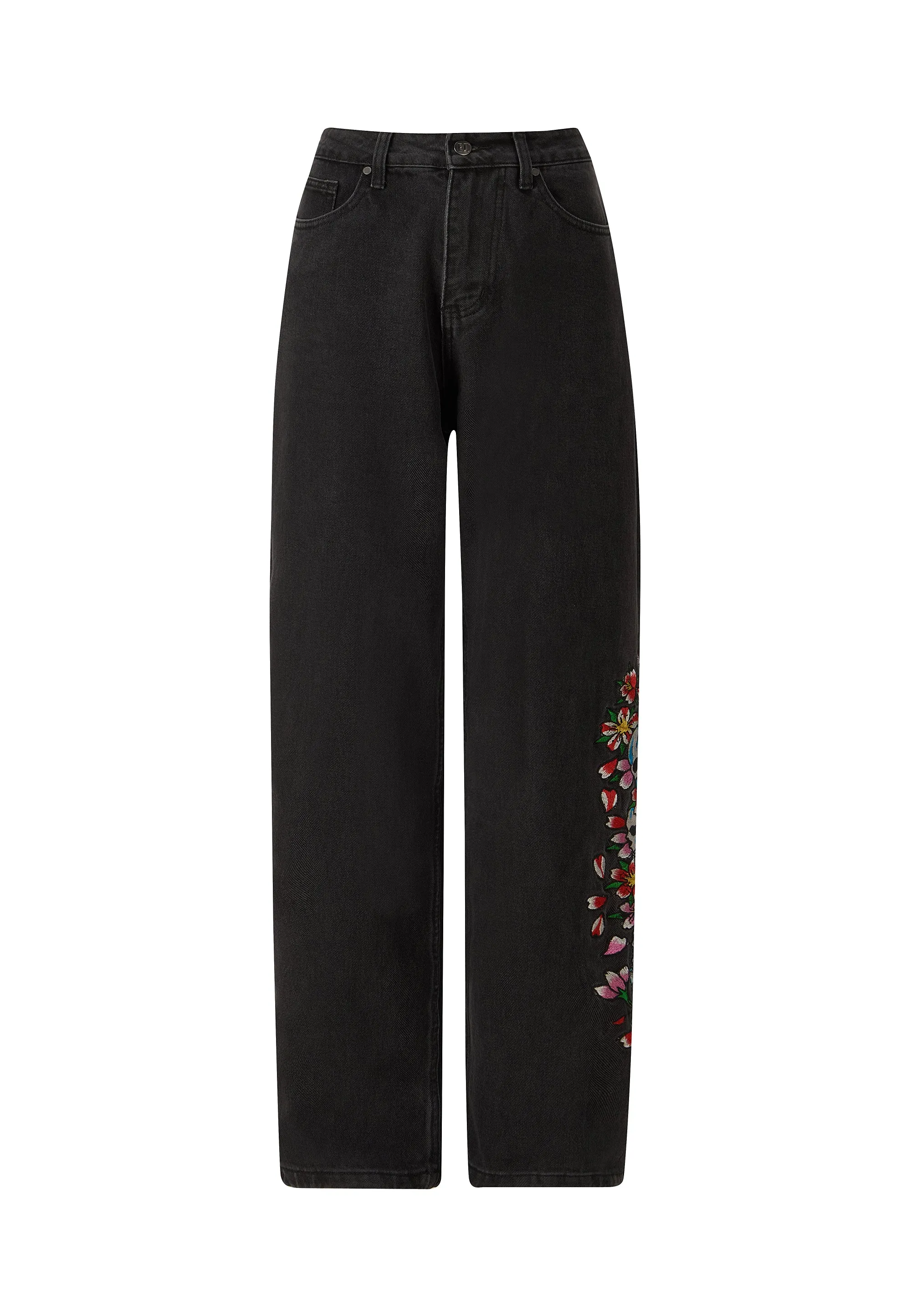 Womens Skull-Flower-Baggy Jeans - Black