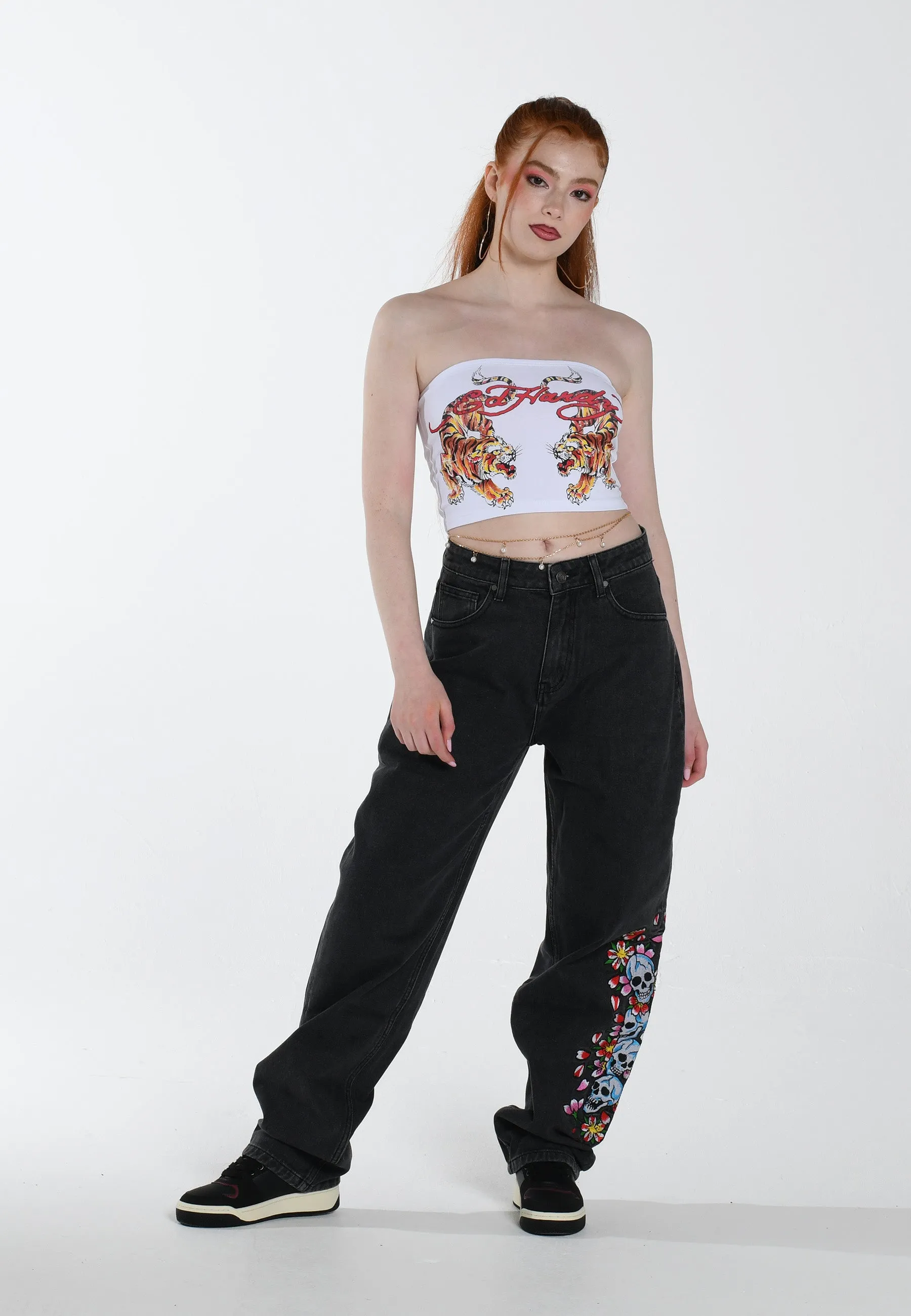 Womens Skull-Flower-Baggy Jeans - Black