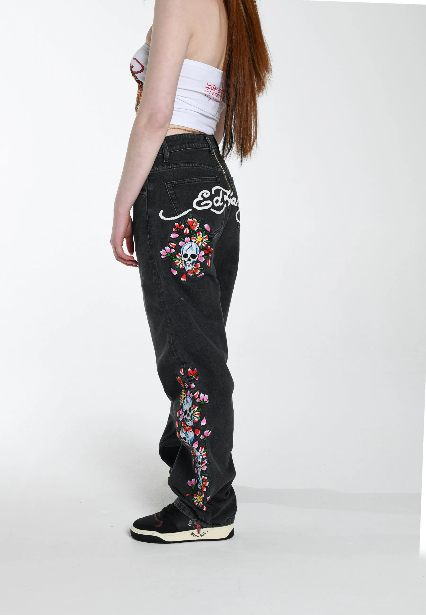 Womens Skull-Flower-Baggy Jeans - Black