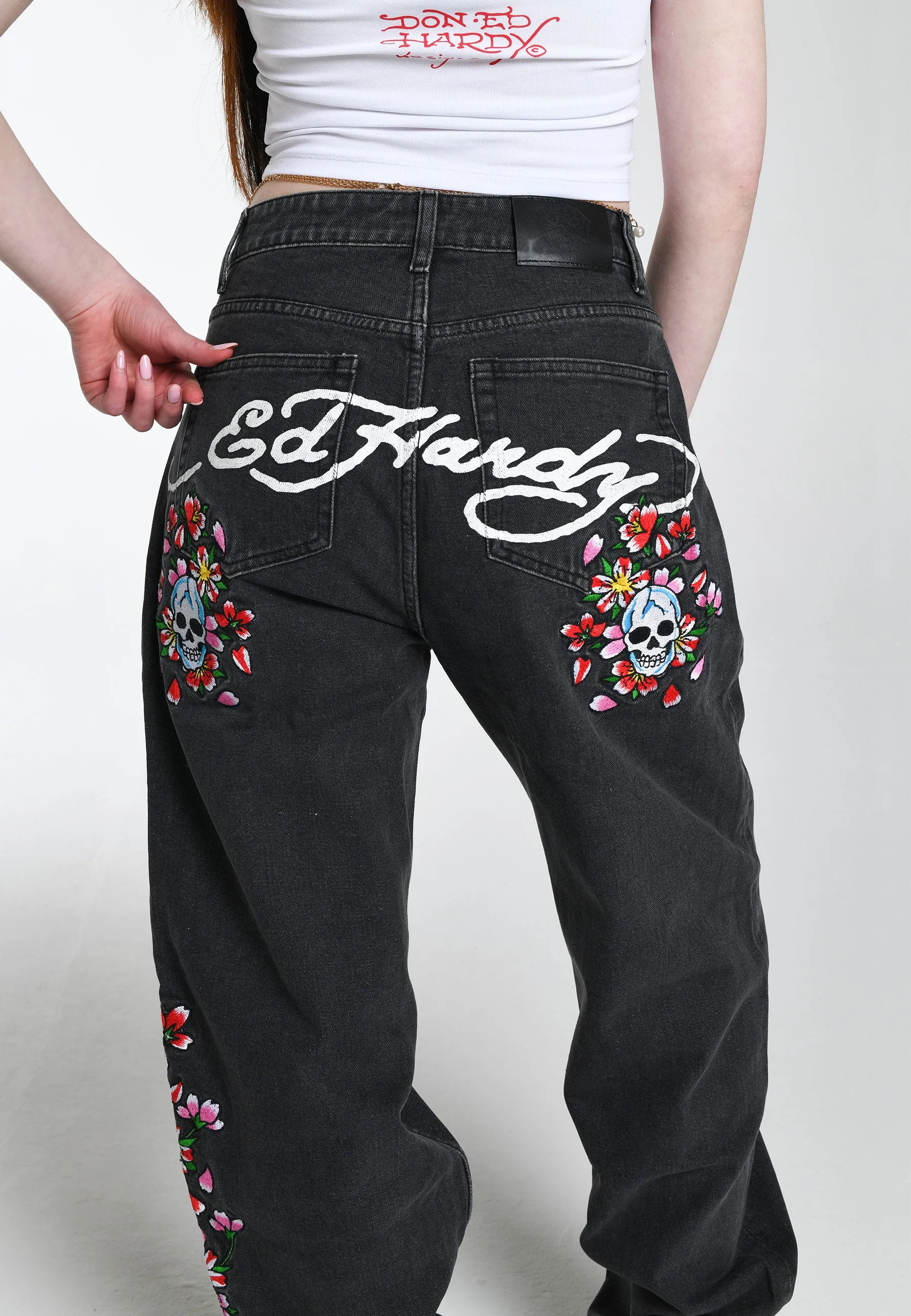 Womens Skull-Flower-Baggy Jeans - Black