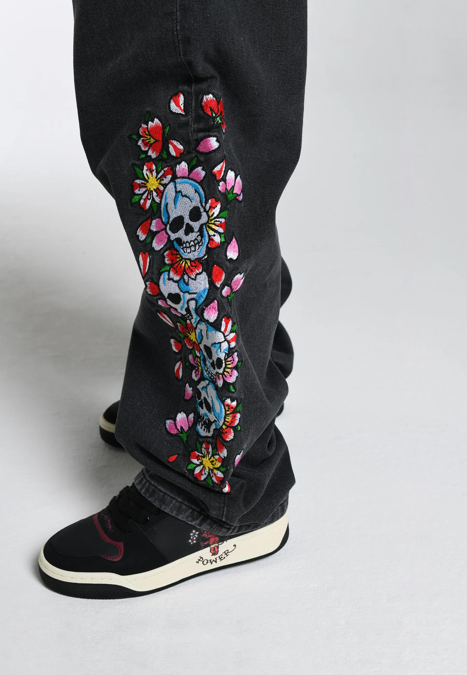 Womens Skull-Flower-Baggy Jeans - Black