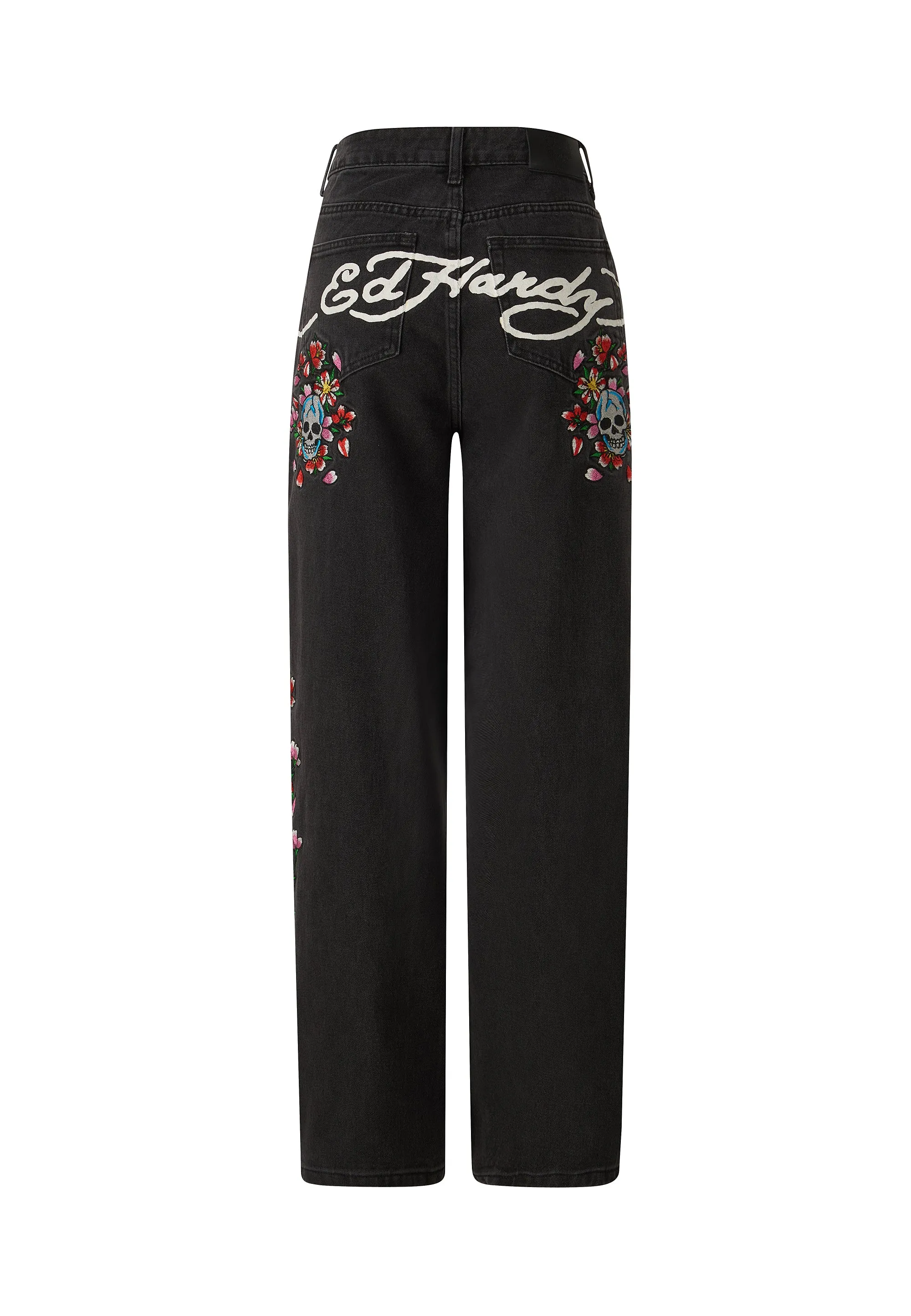 Womens Skull-Flower-Baggy Jeans - Black