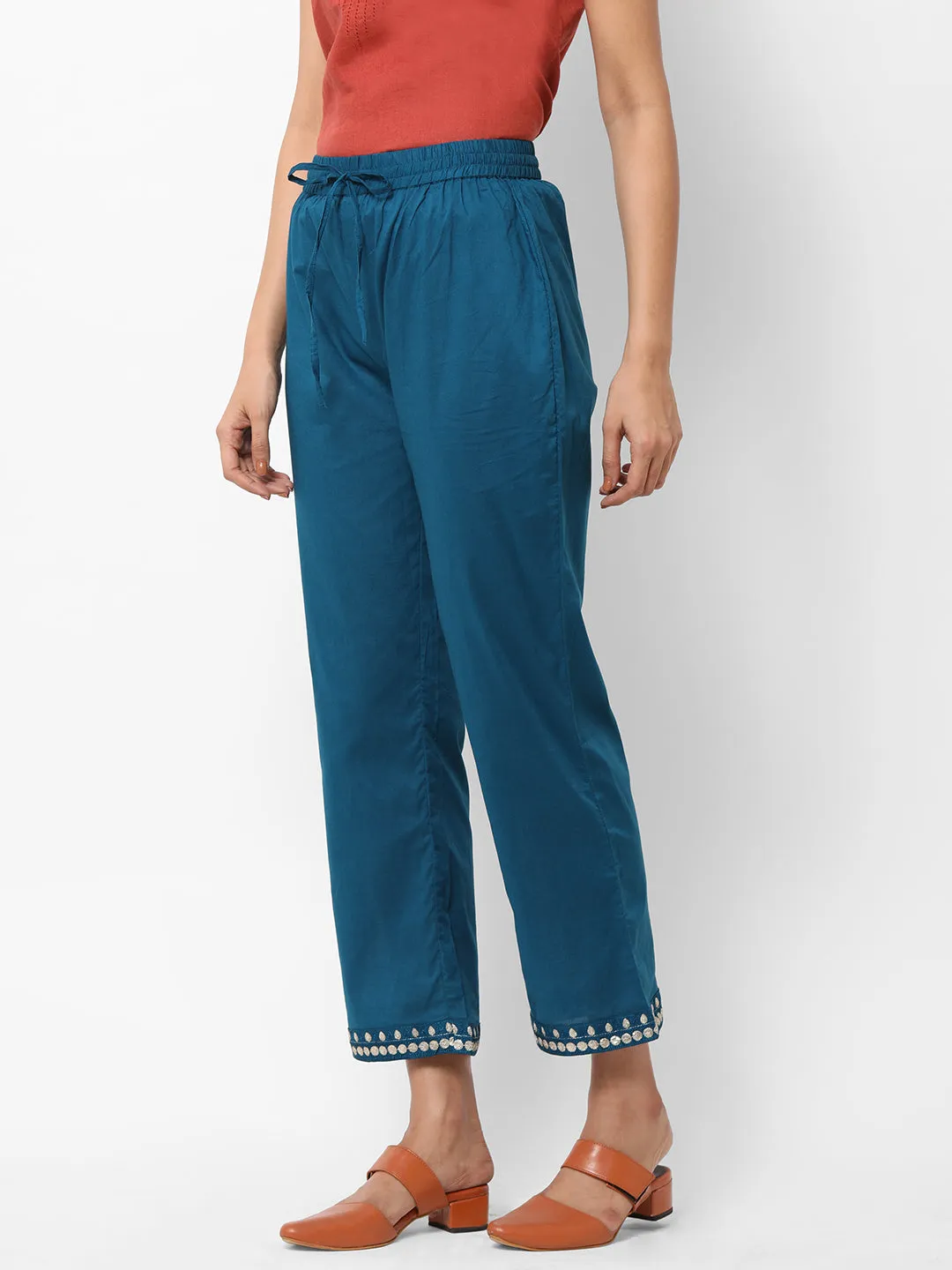 Women's Teal Cotton Regular Fit Pants