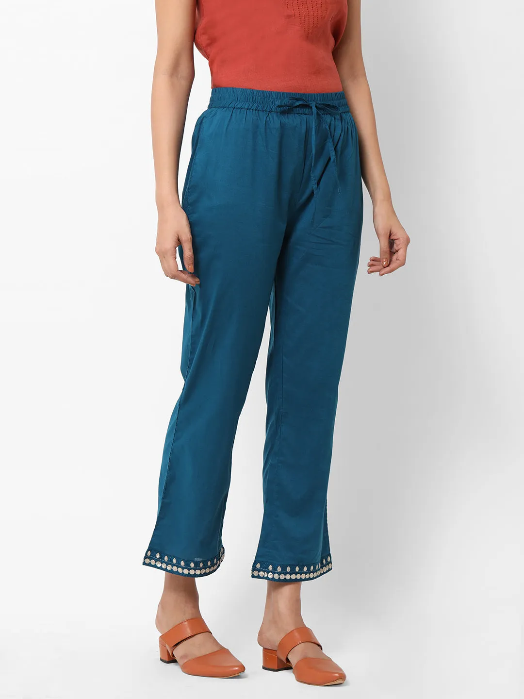 Women's Teal Cotton Regular Fit Pants