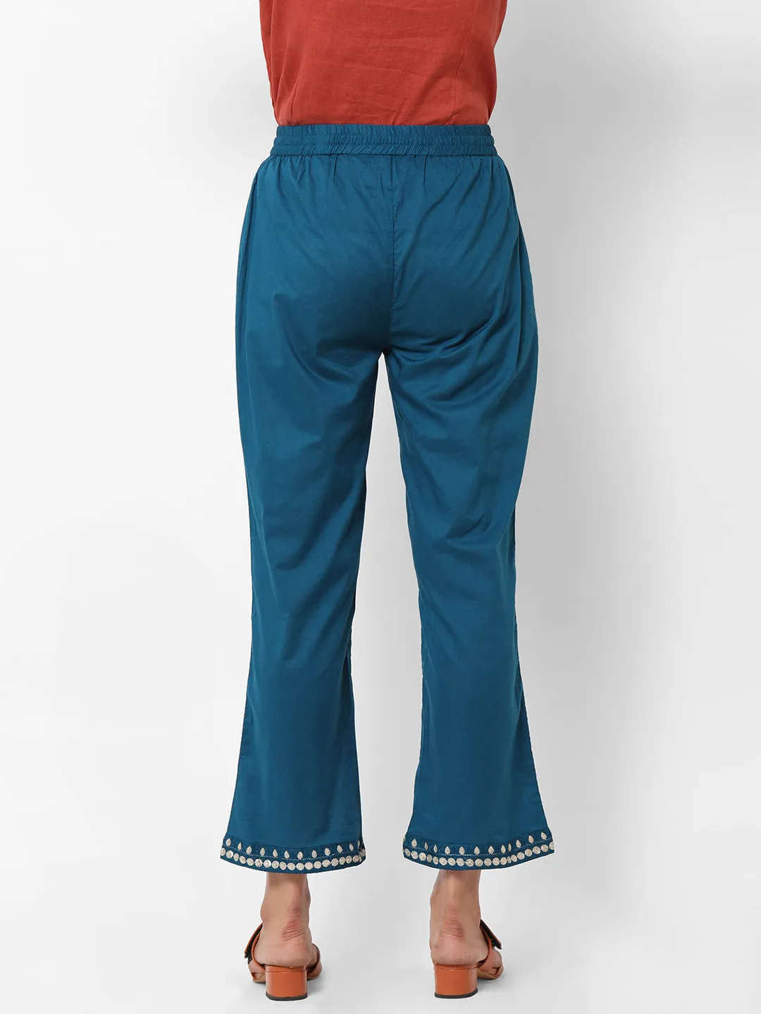 Women's Teal Cotton Regular Fit Pants