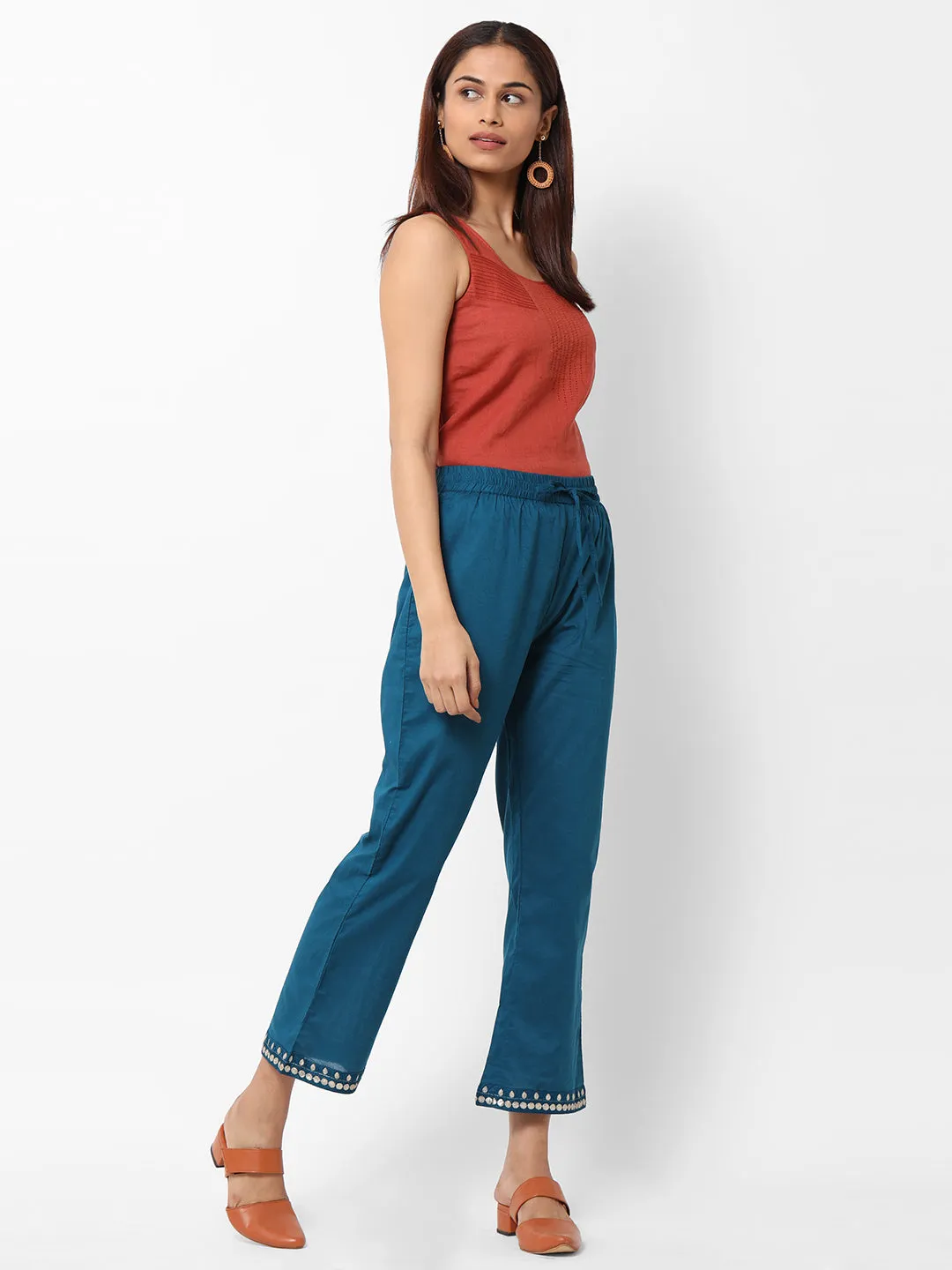 Women's Teal Cotton Regular Fit Pants