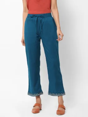 Women's Teal Cotton Regular Fit Pants