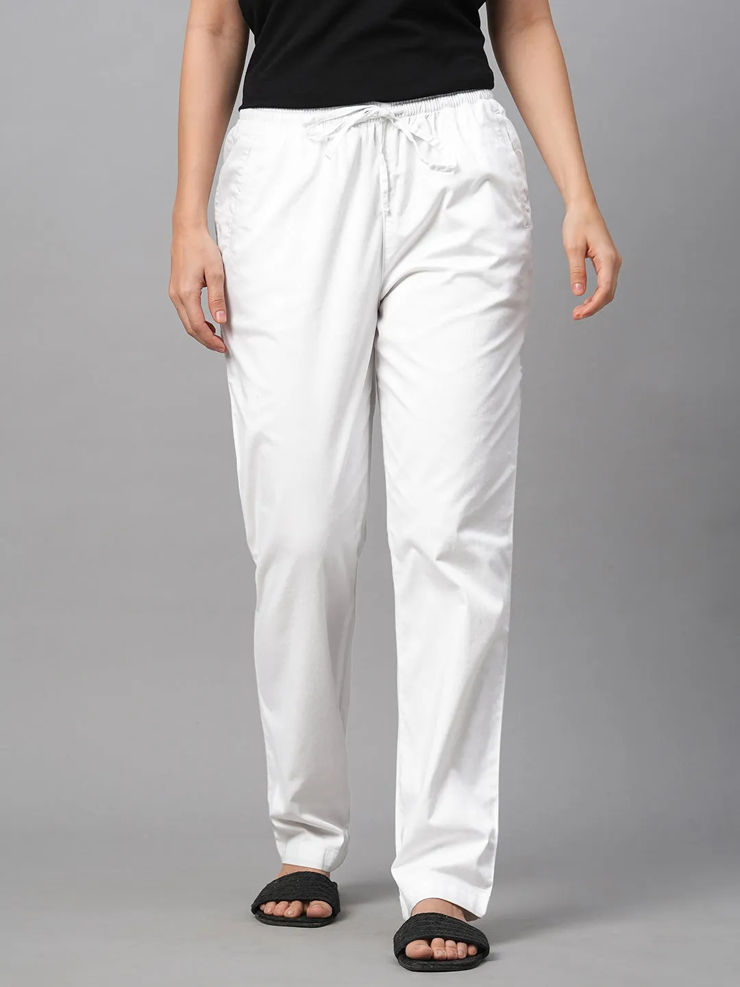 Women's White Cotton Lycra Regular Fit Pant