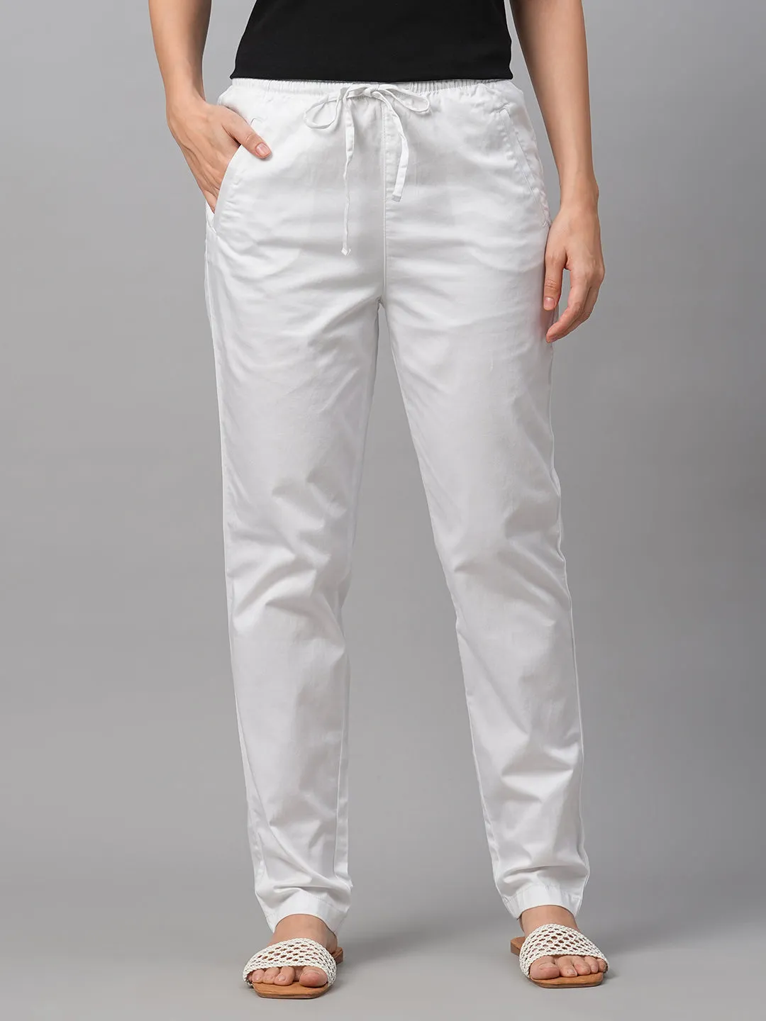 Women's White Cotton Lycra Regular Fit Pant