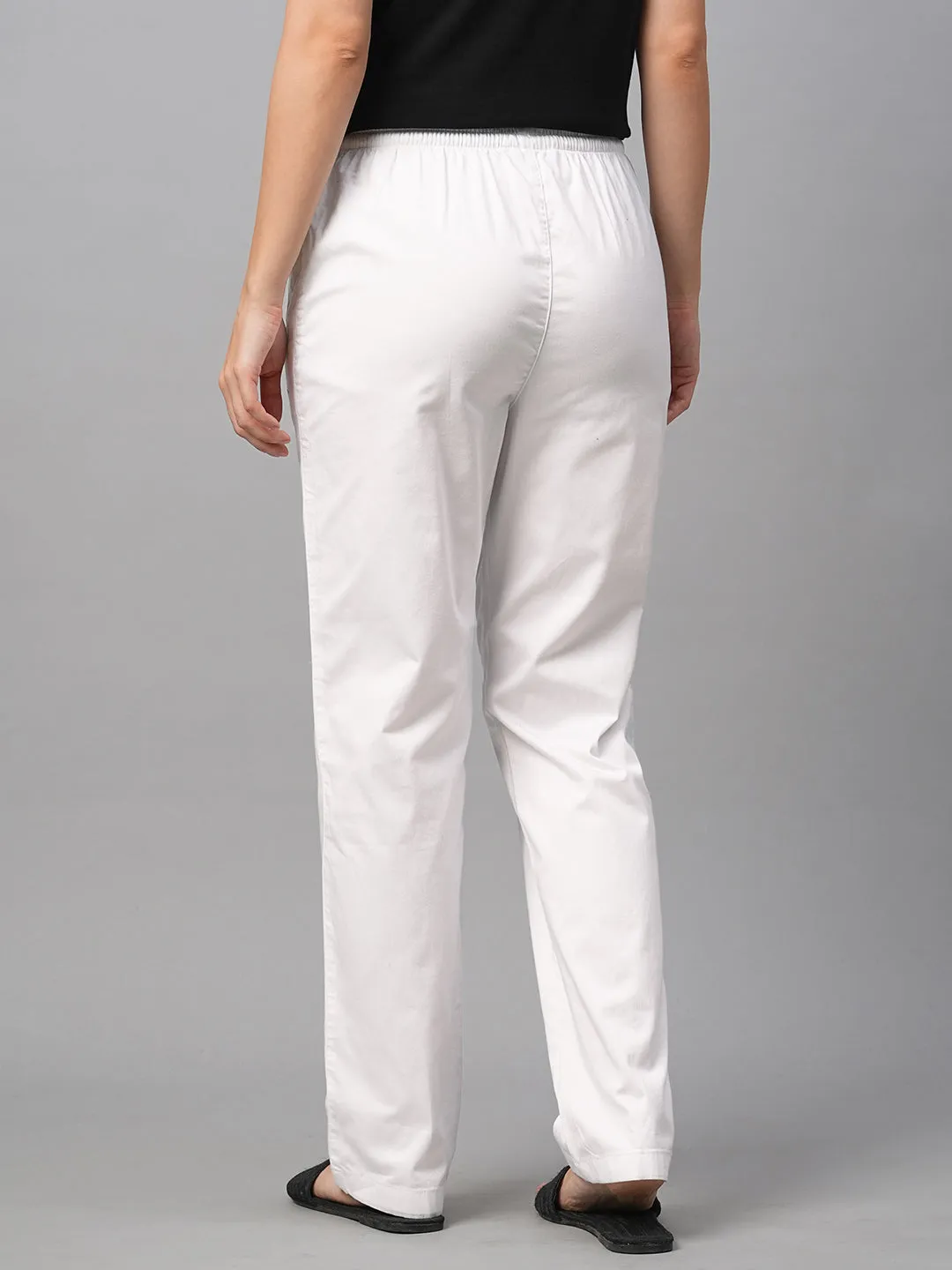 Women's White Cotton Lycra Regular Fit Pant