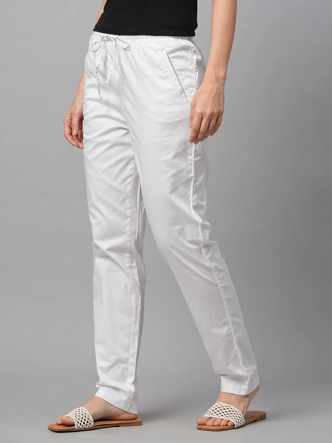 Women's White Cotton Lycra Regular Fit Pant